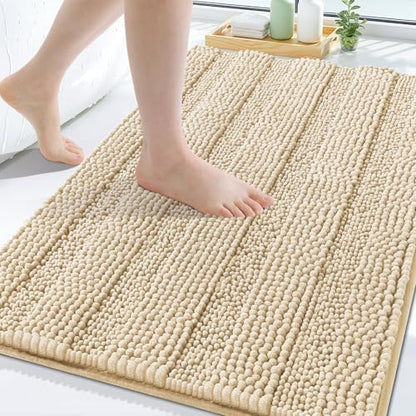 Grandaily Chenille Striped Bathroom Rugs 30x20, Extra Thick and Soft Absorbent Bath Mats, Rubber Backing, Plush Shaggy Shower Carpet, Machine Wash Dry, Bath Rug for Bathroom, Light Beige