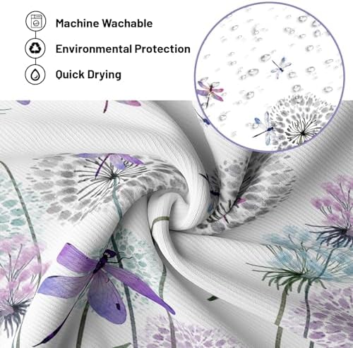 Blue Purple Dandelion Shower Curtain Spring Dragonfly Lavender Grey White Watercolor Shower Curtains for Bathroom Decor, Waterproof Cloth Fabric with Hooks 70" Wx72 L