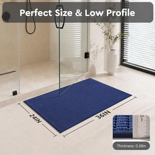 tchdio Bath Mat, Absorbent Bathroom Mat Quick Dry, Thin Bathroom Rugs Fit Under Door, Non Slip Washable Bath Rugs with Solid Rubber Backing, Low Profile Bath Mats for Bathroom, Blue, 24" x 36"