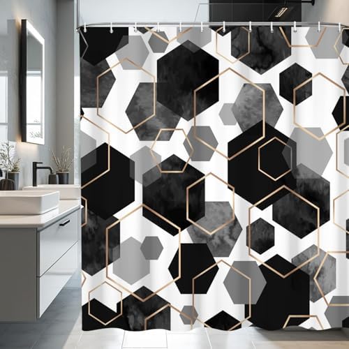deFouliao Black Shower Curtain Modern Abstract Geometric Grid Bathroom Curtain Sets for Bathtub Home Art Decor, Waterproof Fabric Washable with Hooks, 72x96 Inch