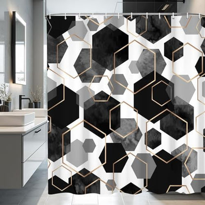 deFouliao Black Shower Curtain Modern Abstract Geometric Grid Bathroom Curtain Sets for Bathtub Home Art Decor, Waterproof Fabric Washable with Hooks, 72x78 Inch