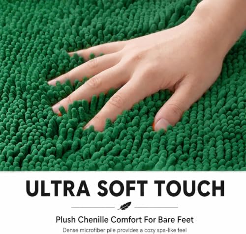 Bathroom Rugs Sets 2 Piece,Super Absorbent Soft,Thick,Machine Washable Chenille Bath Mat,Non Slip Toilet Floor Rug,Bath Mats for Bathroom,20x32 Plus 20x20 U Shape,Dark Green