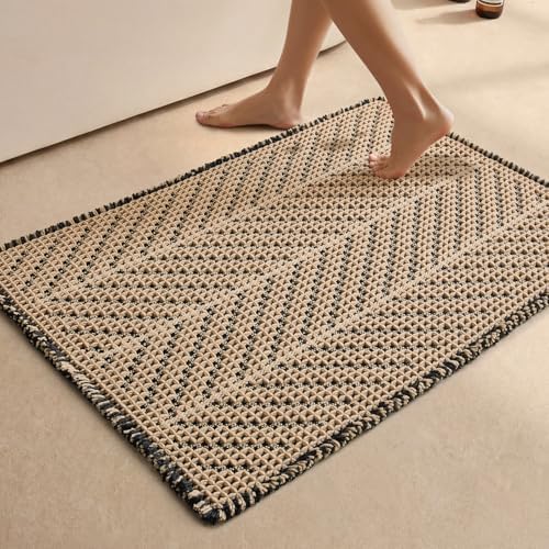 Sunfly Waffle Bath Mat, Boho Bathroom Rugs Non Slip Washable Super Absorbent Quick Dry Bath Mat Farmhouse Bathroom Decor, 24"x36" Black &Khaki