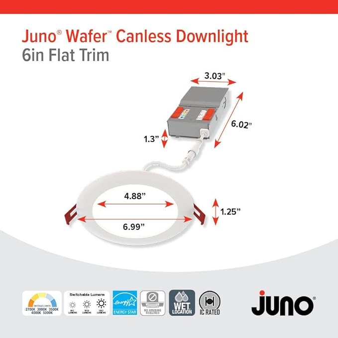 Juno LED Recessed Lights 6 Inch Round Baffle Wafer Downlight, 5-in-1 Switchable White Color Temperature, Adjustable Brightness, 120 Volts, 6-Inch Flat Trim, 6 Pack, Matte White