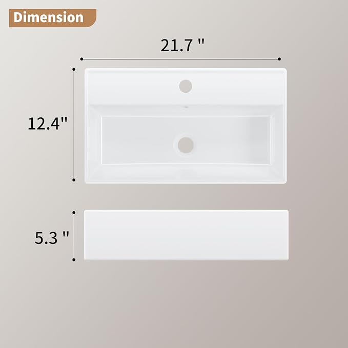 22" x 12" Wall Mount Bathroom Sink Rectangule Floating Sink Porcelain Ceramic White Bathroom Vessel Sink