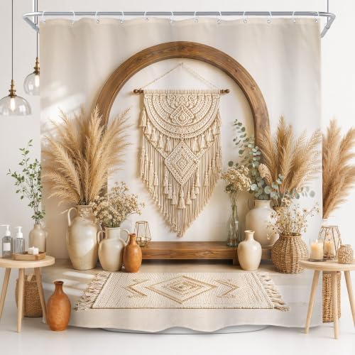 Boho Long Bohemian Style Pampas Grass Vases 2D Bathroom Shower Curtain Set