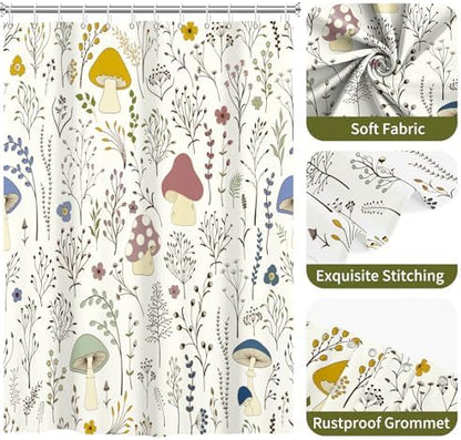 deFouliao Mushroom Shower Curtain, Boho Floral Waterproof Shower Curtain for Bathroom Bathtub Home Curtain Decor with Hooks, Machine Washable, 72''Wx84''L