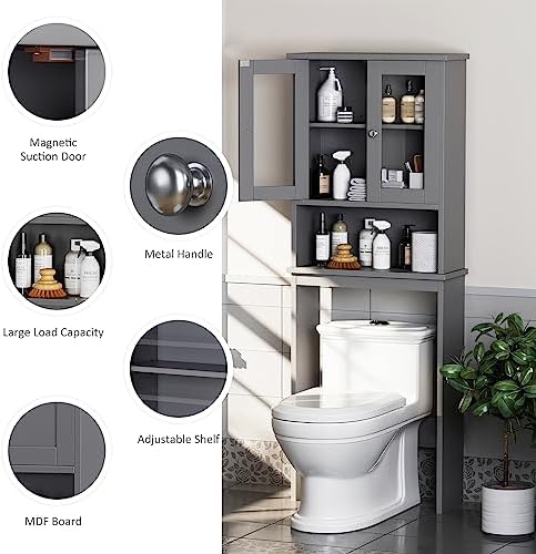 Over the Toilet Storage Cabinet for Bathroom, Storage Organizer Over Toilet, Bathroom Space Saver with Tempered Glass Doors, Gray