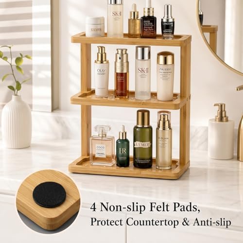 PEKER Bamboo Bathroom Organizer Countertop – Vanity Storage Shelf for Makeup, Perfume, Skincare – Natural Cosmetics Display Rack for Dresser, Sink, Kitchen – Natural