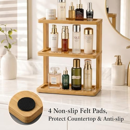 PEKER Bamboo Bathroom Organizer Countertop – Vanity Storage Shelf for Makeup, Perfume, Skincare – Natural Cosmetics Display Rack for Dresser, Sink, Kitchen – Natural