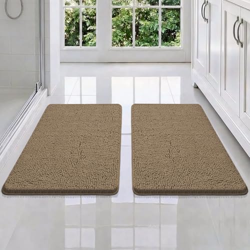 Bcoimo Bath Rugs Mat Set,2 Piece Non Slip Chenille Latte Bathroom Mat Sets