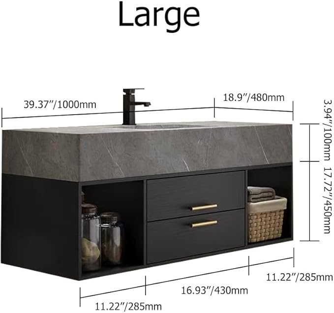 Bathroom Vanity with Sink, 39.3" Floating Bathroom Vanity Set Modern Wall-Mounted Cabinet with Sintered Stone Countertop, Undermount Sink & Black Finish, Easy to Clean