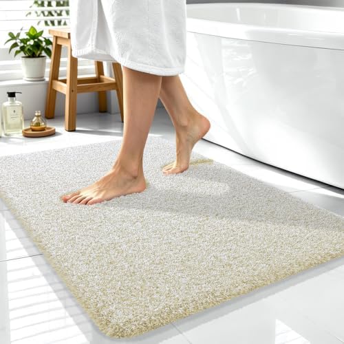 OLANLY Microfiber Bathroom Rugs 40x32, Quick Dry Bath Mat, Sand and White