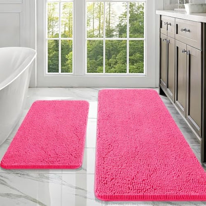 OLANLY Chenille Bathroom Rugs Mats Sets 2 Piece, 47"x20"+30"x20", Hot Pink