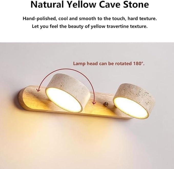 Farmhouse Wood Vanity Light 4 Lights Natural Stone Shade | Nordic Style Travertine Linear Bathroom Light Fixture Rotatable LED Wall Light Over Mirror - Natural Wood Color