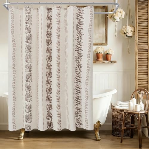 ORTIGIA Linen Brown Leaf Shower Curtain with Metal Hooks,Botanical Boho Waterproof Natural Linen Bath Curtain for Rustic Farmhouse Bathroom Decor 72x72 Inch
