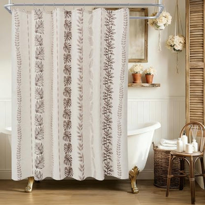 ORTIGIA Linen Brown Leaf Shower Curtain with Metal Hooks,Botanical Boho Waterproof Natural Linen Bath Curtain for Rustic Farmhouse Bathroom Decor 72x72 Inch