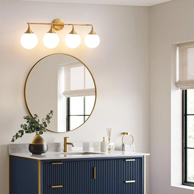 Brushed Gold Bathroom Light Fixtures Over Mirror Vanity 4-Light | Mid Century Modern Brushed Gold Wall Sconce with Milky White Glass Ball Shades for for Bathroom Dressing Table Bedroom