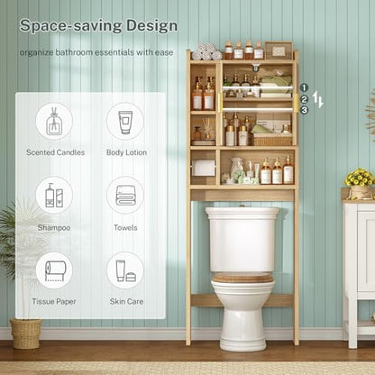 TEENFON Over The Toilet Storage Cabinet with 4 Open Shelves and Adjustable Shelf, Extra Tall Bathroom Organizer Unit with 2 Wood Doors, Home Space Saver for Bathroom, Laundry Room, Natural
