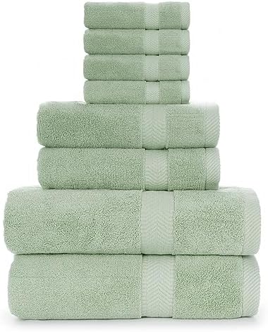 BY LORA Terry Cotton Towels, Bath Towel, Hand Towel and Wash Cloth Mint Green, Set of 8