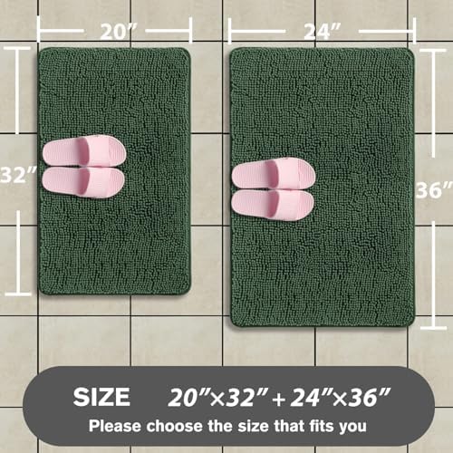 Hunter Green Bathroom Rugs Sets 2 Piece – Absorbent and Washable Bath Mat, Non-Slip, Thick Soft Chenille Bath Rugs for Bathroom Floor, Shower, Sink - 20" x 32"+24" x 36"