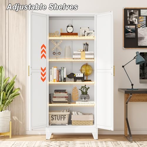 winiowa Metal Pantry Cabinet with 2 Doors and Adjustable Shelves - 71" Kitchen Storage Cabinet with Gold Handles - Versatile Storage for Kitchen, Bathroom, Dining Room, Utility Room - White