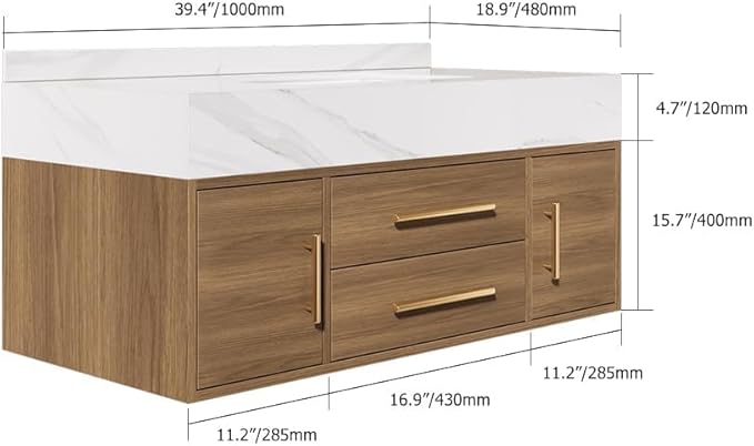 homary 39.4" Bathroom Vanity with Sink-Modern Bathroom Floating Vanity with Sintered Stone Countertop and 2 Drawers 2 Storage Cabinets, Undercounter Ceramic Sink, Walnut