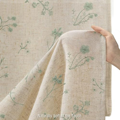 Green Floral Vintage Linen Shower Curtain Embroidered Textured 72Wx72H