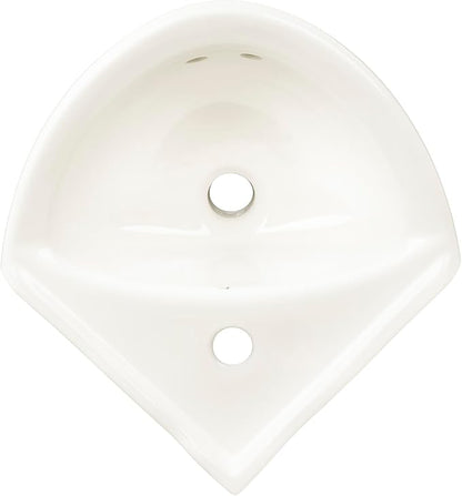 Biscuit Ceramic Wall Hung Corner Sink - Wall Mounted Bathroom Sink with Concealed Round Overflow - 16.5" x 15" Modern Style Small Sink w/Single Faucet Hole