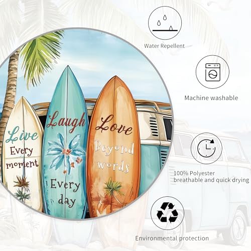 Miyotaa Coastal Beach Palm Surfboard Shower Curtain Set 60Wx71H Inches Ocean Summer Tropical Scenery Hawaii Camping Waterproof Bathroom Curtain with 12 Hooks