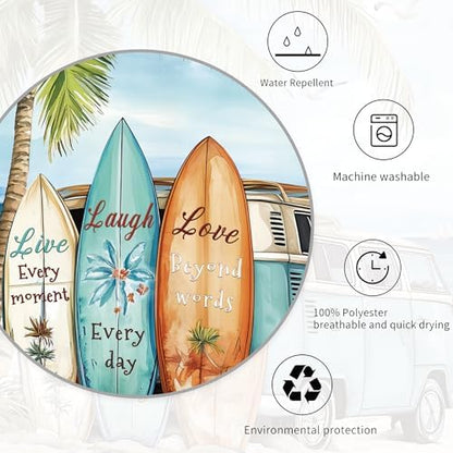 Miyotaa Coastal Beach Palm Surfboard Shower Curtain Set 60Wx71H Inches Ocean Summer Tropical Scenery Hawaii Camping Waterproof Bathroom Curtain with 12 Hooks