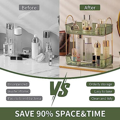 Akinbas 2 Tier Bathroom Organizer Countertop Makeup Perfume Tray Skincare Organizer for Bathroom Dresser Vanity (Green)
