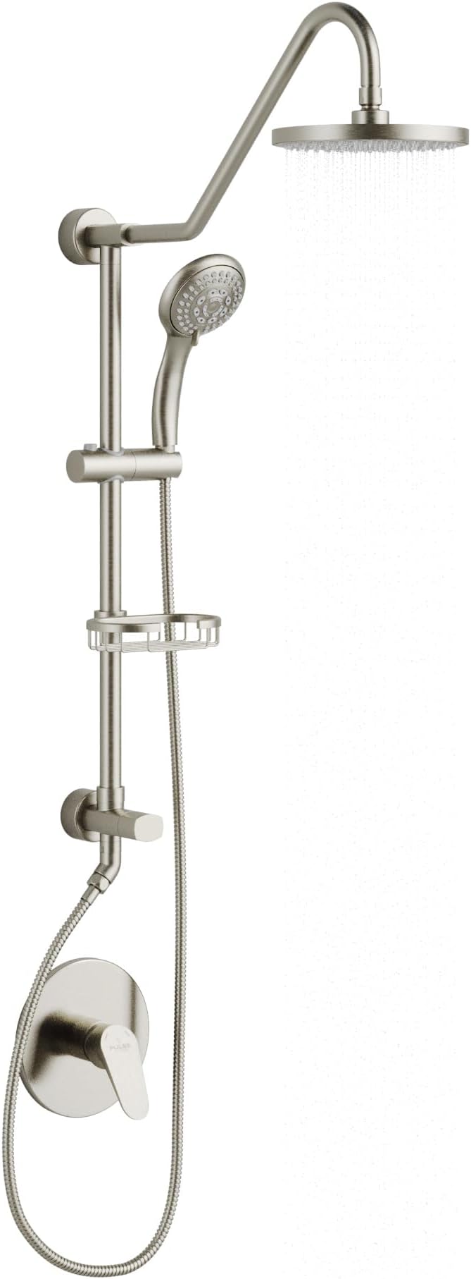 PULSE ShowerSpas Kauai III Brushed Nickel Rain Shower Head with Handheld Spray - 1.8 GPM, 8" Showerhead, 5-Function HandShower, Adjustable Slide Bar - Shower Heads with Handheld Spray Combo