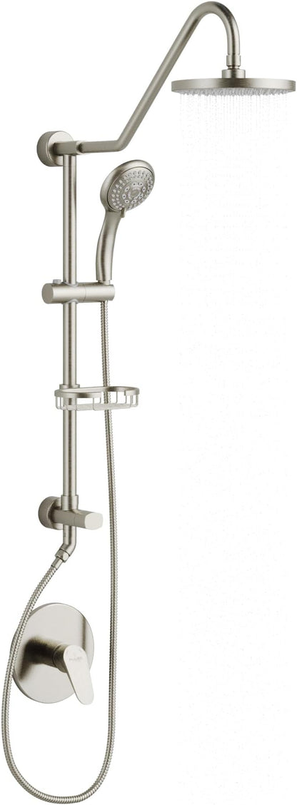 PULSE ShowerSpas Kauai III Brushed Nickel Rain Shower Head with Handheld Spray - 1.8 GPM, 8" Showerhead, 5-Function HandShower, Adjustable Slide Bar - Shower Heads with Handheld Spray Combo