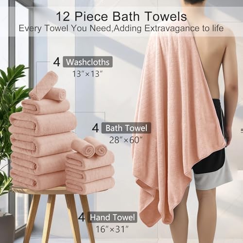 Hailea Luxury Bath Towels Set - 12 Piece (4 Large Bath Towels,4 Hand Towels,4 Washcloths), 100% Microfiber,Extra Absorbent Super Soft & Quick Dry,Complete Family Pack for Bathroom Gym Pool,Orange