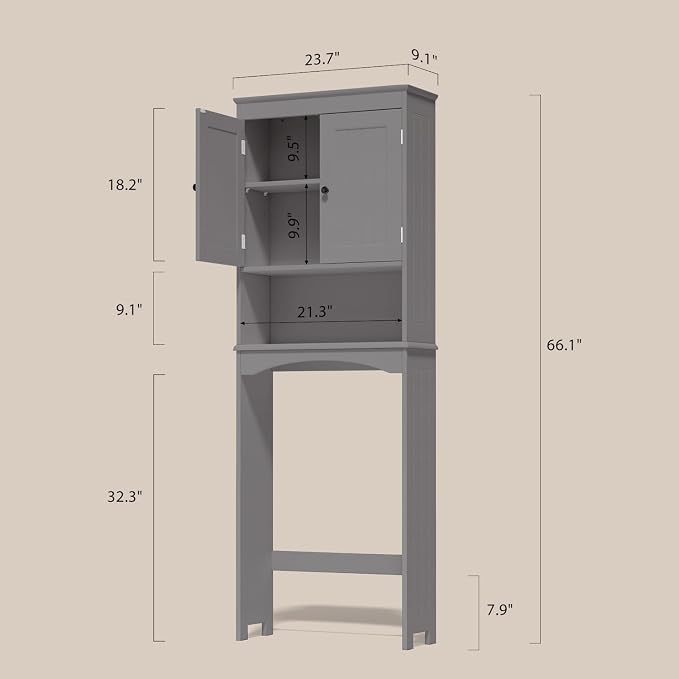 Gizoon Over the Toilet Storage Cabinet with Adjustable Shelf, Grey | Bathroom Space Saver Organizer Above Toilet with Open Shelf and Double Doors, Taller Wooden Free Standing Toilet Rack