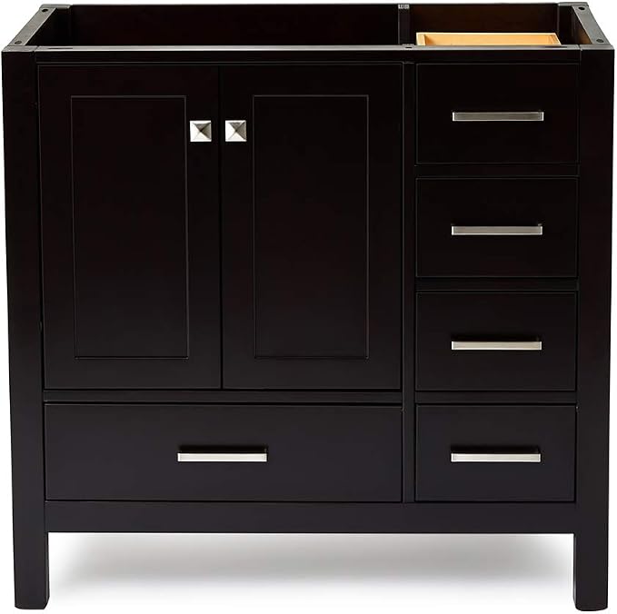ARIEL Cambridge 36-inch Bathroom Vanity Base Cabinet,Solid Wood, 2 Soft Closing Doors, 5 Dovetail Drawers, Espresso