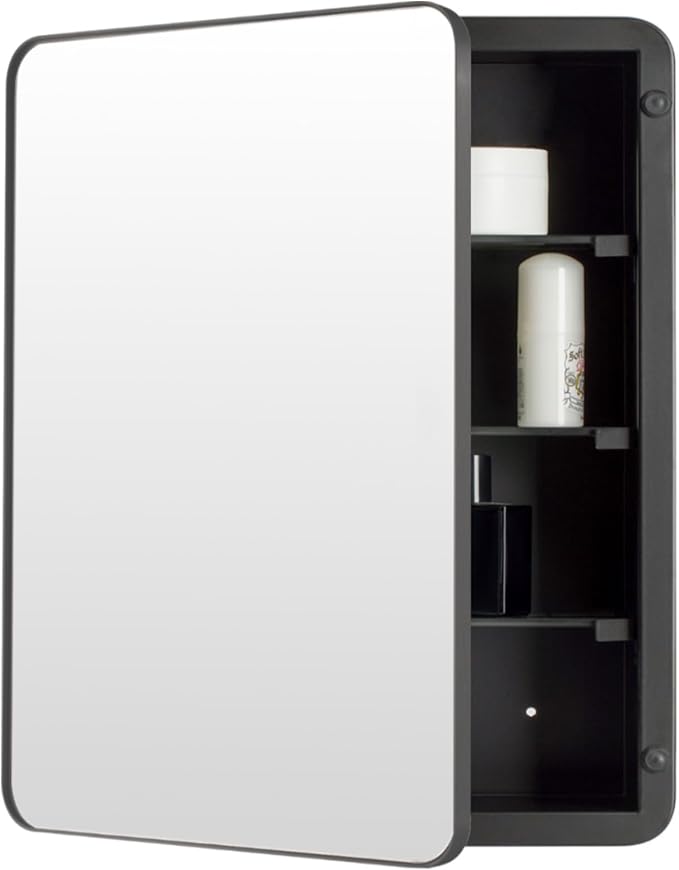 24’’x36’’ Medicine Cabinet,Metal Framed Medicine Cabinet Mirror with Round Corner,Recessed and Surface Mount Bathroom Mirror with Storage, Removeable Shelves,Dark Gray Frame