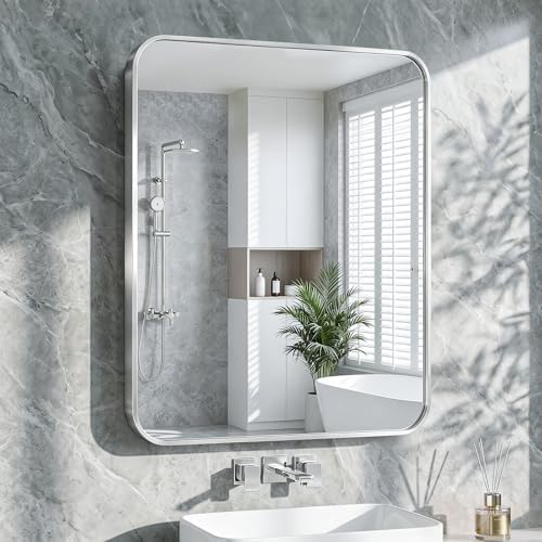 Bathroom Mirror for Wall, 30"x36" Black Bathroom Mirror for Over Sink, Shatterproof Tempered Glass Vanity Mirror with Anti-Rust Aluminum Alloy Frame, Hang Horizontally or Vertically, Silver
