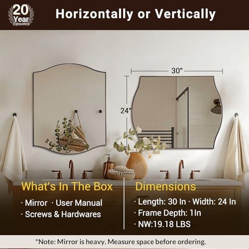 ANDY STAR 24"x30" Scalloped Mirror for Bathroom，Brushed Bronze Rectangle Wall Mirror with Curved Edge Stainless Steel Metal Frame, Wall-Mounted Mirror for Bathroom, Entryway, Living Room