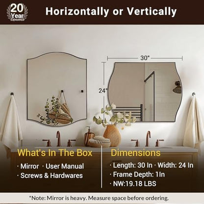 ANDY STAR 24"x30" Scalloped Mirror for Bathroom，Brushed Bronze Rectangle Wall Mirror with Curved Edge Stainless Steel Metal Frame, Wall-Mounted Mirror for Bathroom, Entryway, Living Room