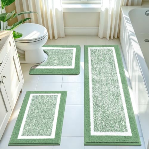 Pauwer Bathroom Rugs Sets 3 Piece, Non Slip Bath Mats for Bathroom, Green