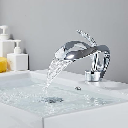Waterfall Bathroom Faucet Sink Faucet 1 Hole Single Handle Modern Bathroom Faucet Mixed Cold and Hot Water Elegant Design Water Faucet for Sink (Polished Chrome)
