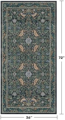 Blue 3x6 Washable Rug for Large Entryway - Boho Bird Rugs for Kitchen, Bedroom Bedside, Indoor Entrance Door Mat with Woodland Flowers, Non-Slip Stain Resistant Low Pile