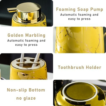 YYW Ceramic Bathroom Accessory Set, Marble Soap Dispenser Washing Set- Hand Lotion Dispenser Pump, Toothbrush Holder,Tumblers, Soap Dish-Refillable Liquid Dispenser (Yellow Four Piece)