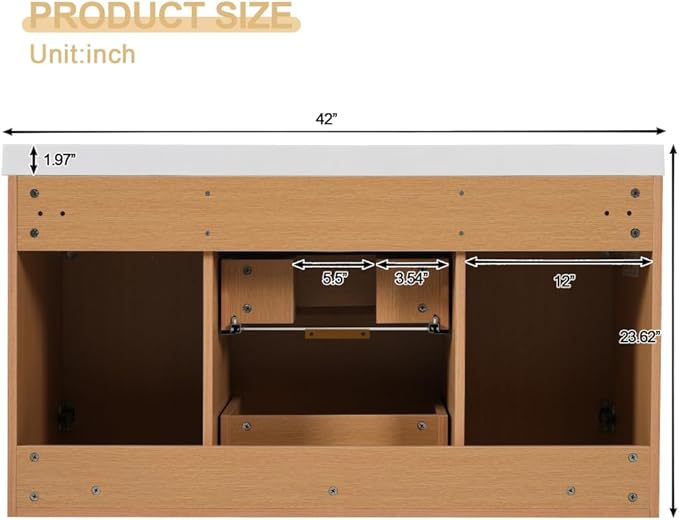 42 Inch Floating Bathroom Vanity with Thick SMC Countertop Single Sink, Wall Mounted Bathroom Vanities Wood Grain Vanity for Bathrooms with 2 Soft-Close Doors 2 Fluted Drawers, Easy Assembly (Wood)