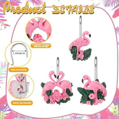 Amyhill 12 Pcs Flamingo Shower Curtain Hooks Decorative Shower Curtain Rings Stainless Steel Resin Sea Theme Bathroom Decor Suitable for Home Bedroom