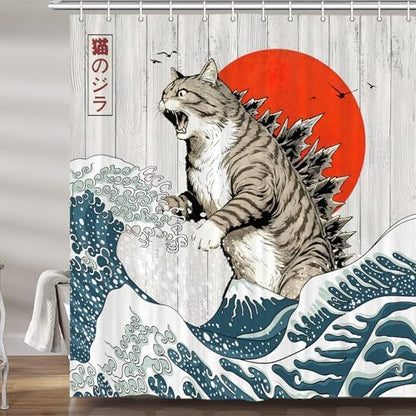 JAWO Funny Cat Shower Curtain, Japanese Wave Cat Monster Fabric Shower Curtain, Kanagawa Wave Retro Japanese Art Bathroom Curtain with Hooks, Water-Resistant Anime Cat Themed Bath Curtain, 72X72inch