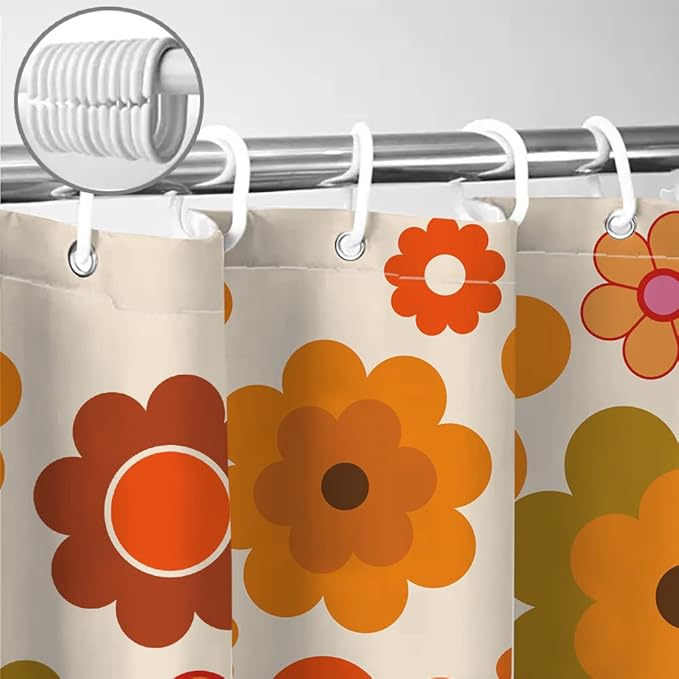 Retro Flowers Shower Curtain, Groovy Brown Orange Sun Flower Vintage 70s Fabric Shower Curtains Set for Bathroom Funky Hippie 1970 Boho Yellow Floral Decoration with Hooks 72 X 72 inch Bath Decor