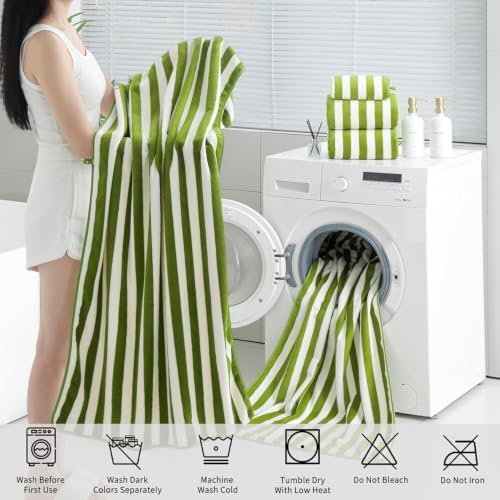 18 Pcs Green Stripe Bath Towel Set with Hanging Loop-6 Bath Towels,6 Hand Towels,6 Washcloths Soft Family Towels Set Bathroom Towel Highly Absorbent Quick Dry Shower Towel for Beach Spa Gym Hotel
